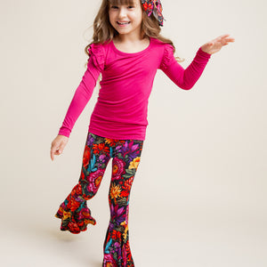 Baby Kids Bamboo Pajamas — Mourning Glory Long Sleeve Top & Bell Bottoms Set — Image 1