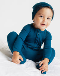 Baby Kids Bamboo Pajamas — Navy or Not Ribbed Convertible Romper — Image 1