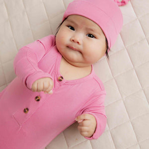 Baby Kids Bamboo Pajamas — Pink-a-Boo Knotted Gown & Beanie Set — Image 1