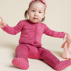 Baby Kids Bamboo Pajamas — Plum Pickin’ Footie — Image 1