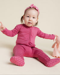 Baby Kids Bamboo Pajamas — Plum Pickin’ Footie — Image 1