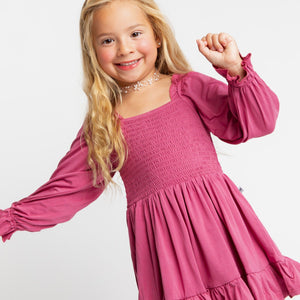 Baby Kids Bamboo Pajamas — Plum Pickin’ Smocked Balloon Sleeve Dress & Shorts Set — Image 1