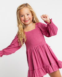 Baby Kids Bamboo Pajamas — Plum Pickin’ Smocked Balloon Sleeve Dress & Shorts Set — Image 1
