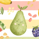 Cartoonish pear with watermelon, banana, and assorted fruits on a striped background
