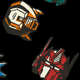Colorful cartoon character designs featuring robots on a black background.
