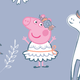 Peppa Pig in a white dress with a flower crown, smiling against a pastel background.