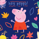 Colorful pattern with Peppa Pig and friends saying 'hey peppa!'