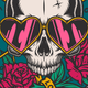 Skull wearing heart-shaped sunglasses surrounded by roses, colorful design.