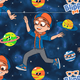Colorful fabric pattern featuring Blippi in space with planets and stars.