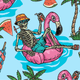A skeleton relaxing on a pink flamingo float in a pool surrounded by palm trees and watermelons.