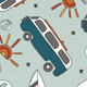 Pattern featuring a van, sun, and seashells, designed for the Long Sleeve Raglan T-Shirt.