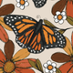 Illustration of a butterfly among flowers in autumn colors