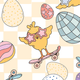 A cartoon chick wearing star-shaped sunglasses skateboarding among colorful eggs.