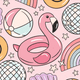 Colorful pattern featuring a pink flamingo, beach balls, and rainbows.