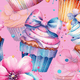 Colorful cupcakes with bows and flowers on a pink background, featuring pink and blue frosting and floral decorations