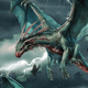 A fantasy dragon flying amidst a storm with lightning.