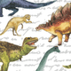 Dinosaurs including T-Rex, Stegosaurus, and Brachiosaurus on a patterned background with handwritten text.