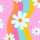Colorful floral pattern with daisies on a pink background.
