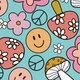 Colorful pattern featuring flowers, smiley faces, and mushrooms.