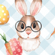 Illustration of a bunny wearing glasses with Easter eggs and a carrot