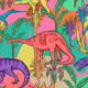 Colorful dinosaur print with tropical plants.