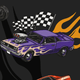 Purple car with flames and checkered flags, representing a racing theme.