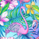 Tropical print featuring pink flamingos and colorful flowers on a blue background