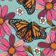 A butterfly with orange and black wings among pink and white flowers on a teal background.