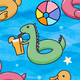 Colorful pool-themed pattern featuring a green dinosaur float and beach ball