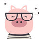 Cartoon pig wearing glasses and striped shirt with stars in the background