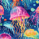 Colorful jellyfish pattern on a blue background, suitable for fabric prints.