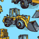Pattern of construction vehicles in yellow on a blue background