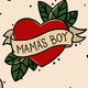 Red heart with the text 'MAMA'S BOY' surrounded by green leaves.