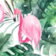 A pink flamingo among tropical leaves.