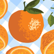 Orange design on a blue and white checkered background