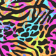 Colorful animal print design with pink, blue, and black patterns