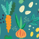 Colorful illustration of vegetables including carrots, onions, and seeds on a teal background.
