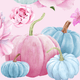 Decorative illustration of pink and blue pumpkins with flowers on a pink background