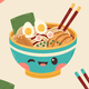 A colorful bowl of ramen topped with eggs and seaweed.