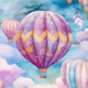 Colorful hot air balloons in a cloudy sky, featuring purple and pink designs