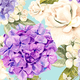 Floral pattern featuring purple hydrangeas and white roses on a light blue background