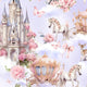 Whimsical design featuring a castle, horses, and floral elements, suitable for a children's tutu dress.