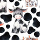 Cartoon cow surrounded by black spots.