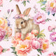 A rabbit with a flower crown sitting among pink peonies on a light pink background.