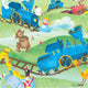 A colorful train scene featuring a blue train, a bear, and various animals on a green landscape.