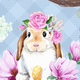 A bunny with a flower crown surrounded by pink flowers and an egg.