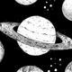 Black fabric with white planets and stars pattern.
