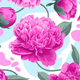 Floral pattern featuring pink peonies on a light blue background.