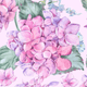 Floral pattern with pink and purple hydrangeas on light pink background