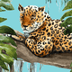 A leopard resting on a branch surrounded by leaves.